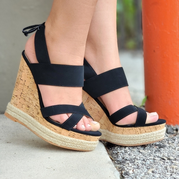 Women's Black Cork Wedge Espadrille High Heel Platform - Picture 5 of 5